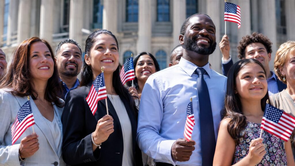 Families holding American flags