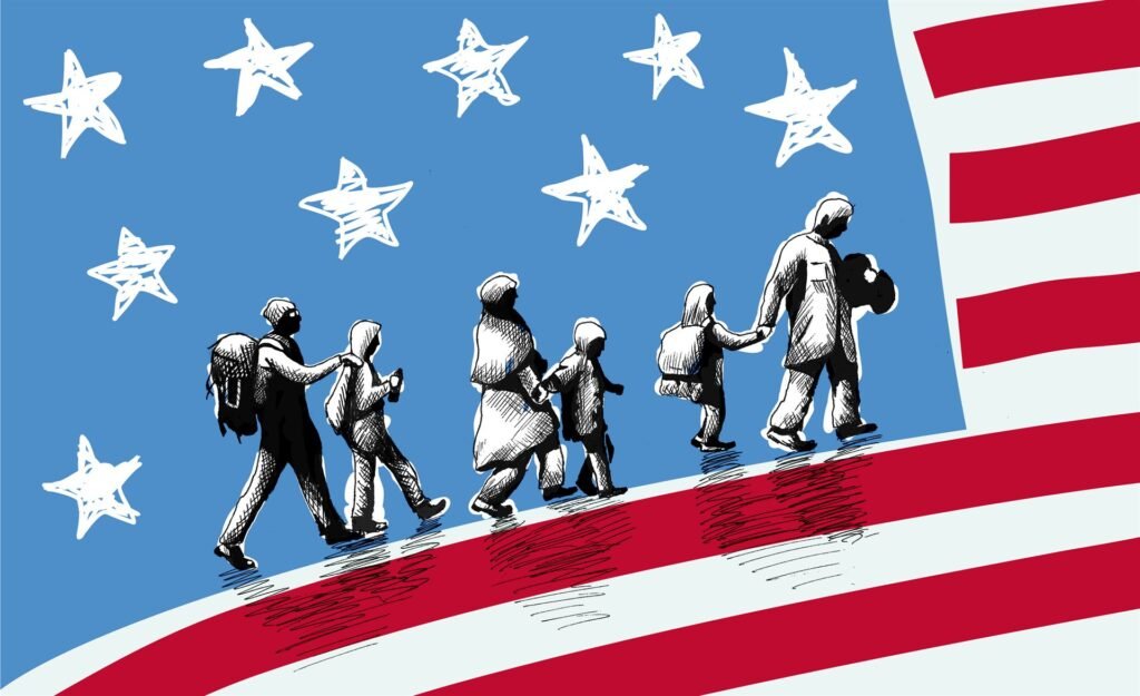 Illustration of an immigrant family with an American flag