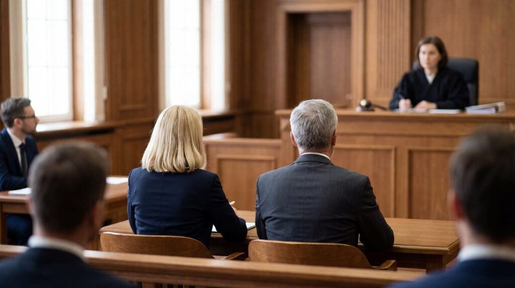 People seated at counsel tables in a courtroom, facing a judge